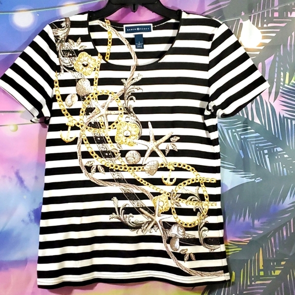 KAREN Scott blouse with stripes shells chane blouse size S - Picture 1 of 3